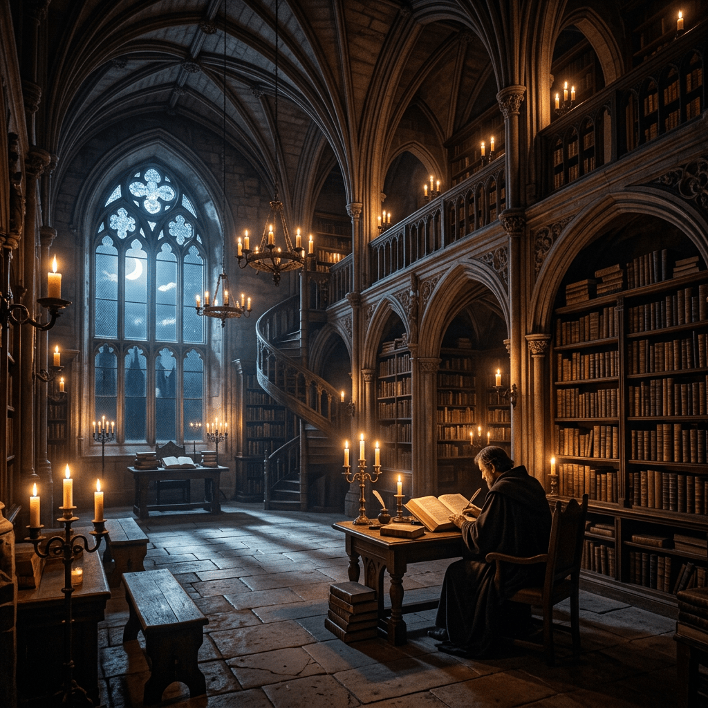 Monk reading a large book at a wooden desk surrounded by bookshelves and lit by candles in a gothic library