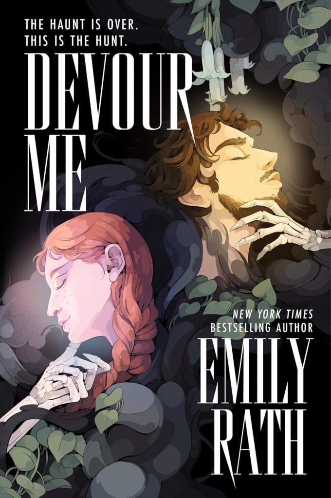 Illustration of a woman with braided red hair and a man with curly brown hair, both surrounded by dark foliage and ethereal smoke, with the title 'Devour Me' and the author's name, Emily Rath, prominently displayed.