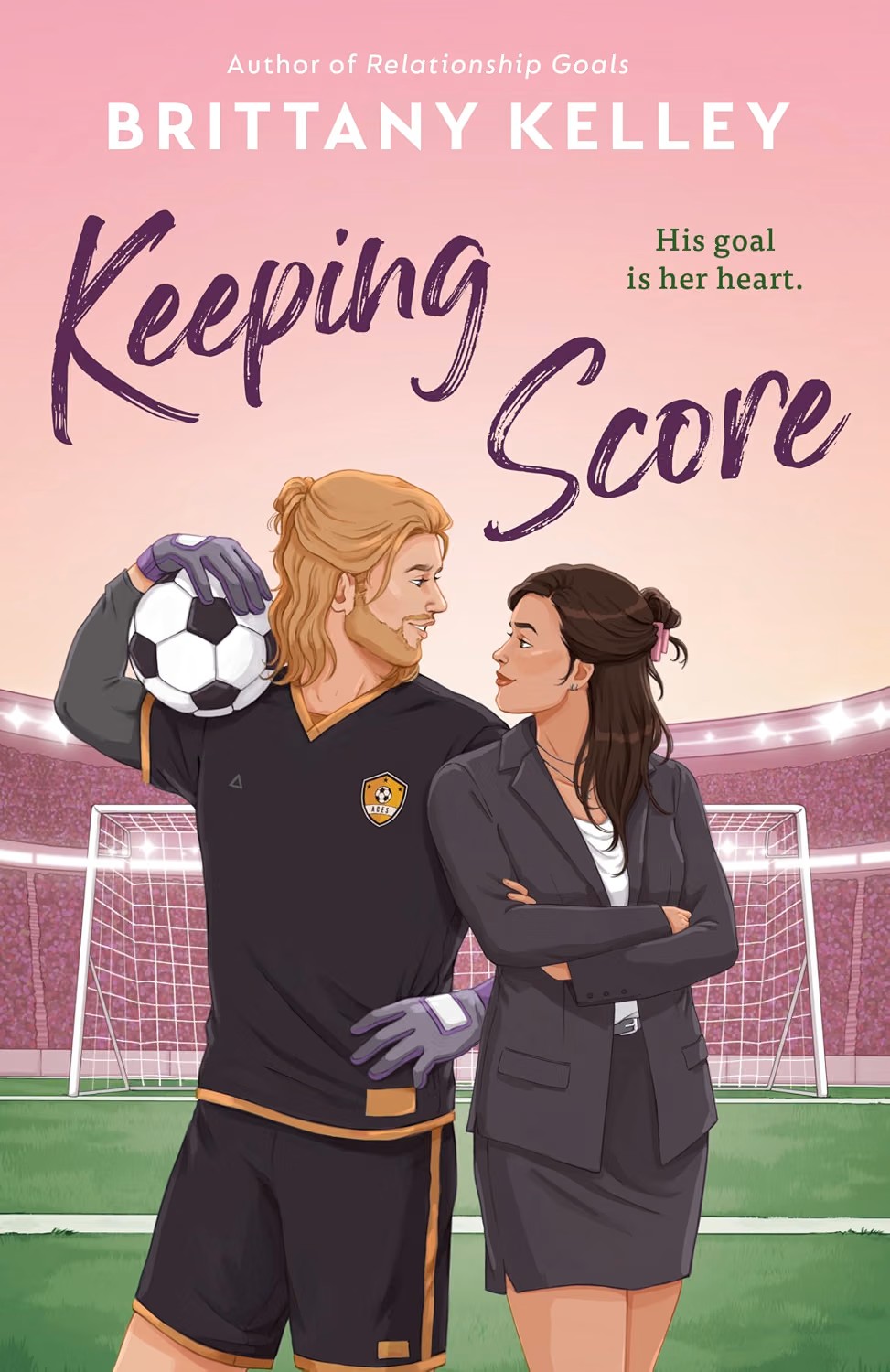 Illustrated cover of Keeping Score by Brittany Kelley, showing a blond soccer goalkeeper holding a ball beside a dark-haired woman in a suit on a stadium field.